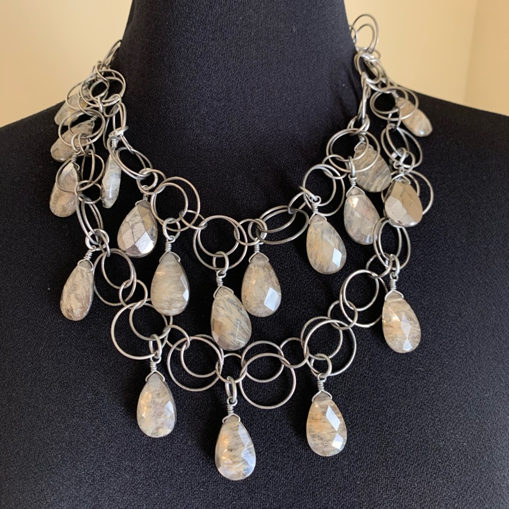 Double stand labradorite and silver metal necklace